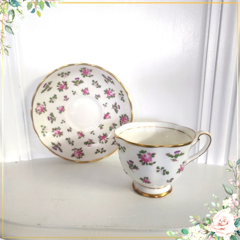 Hand Painted Roses and Thistle Britannia Royal Chelsea Tea Cup and Saucer Set